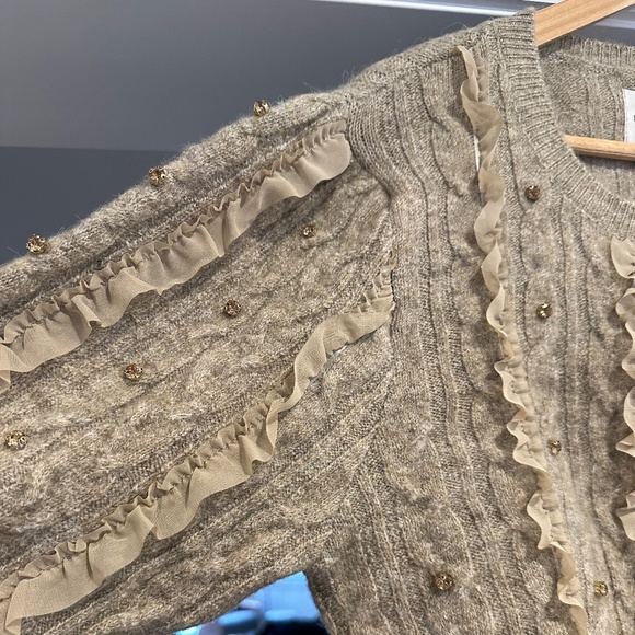 NWT - MAEVE Short-Sleeve Crystal Embellished Ruffled Cardigan Sweater - Size L - Picture 9 of 16